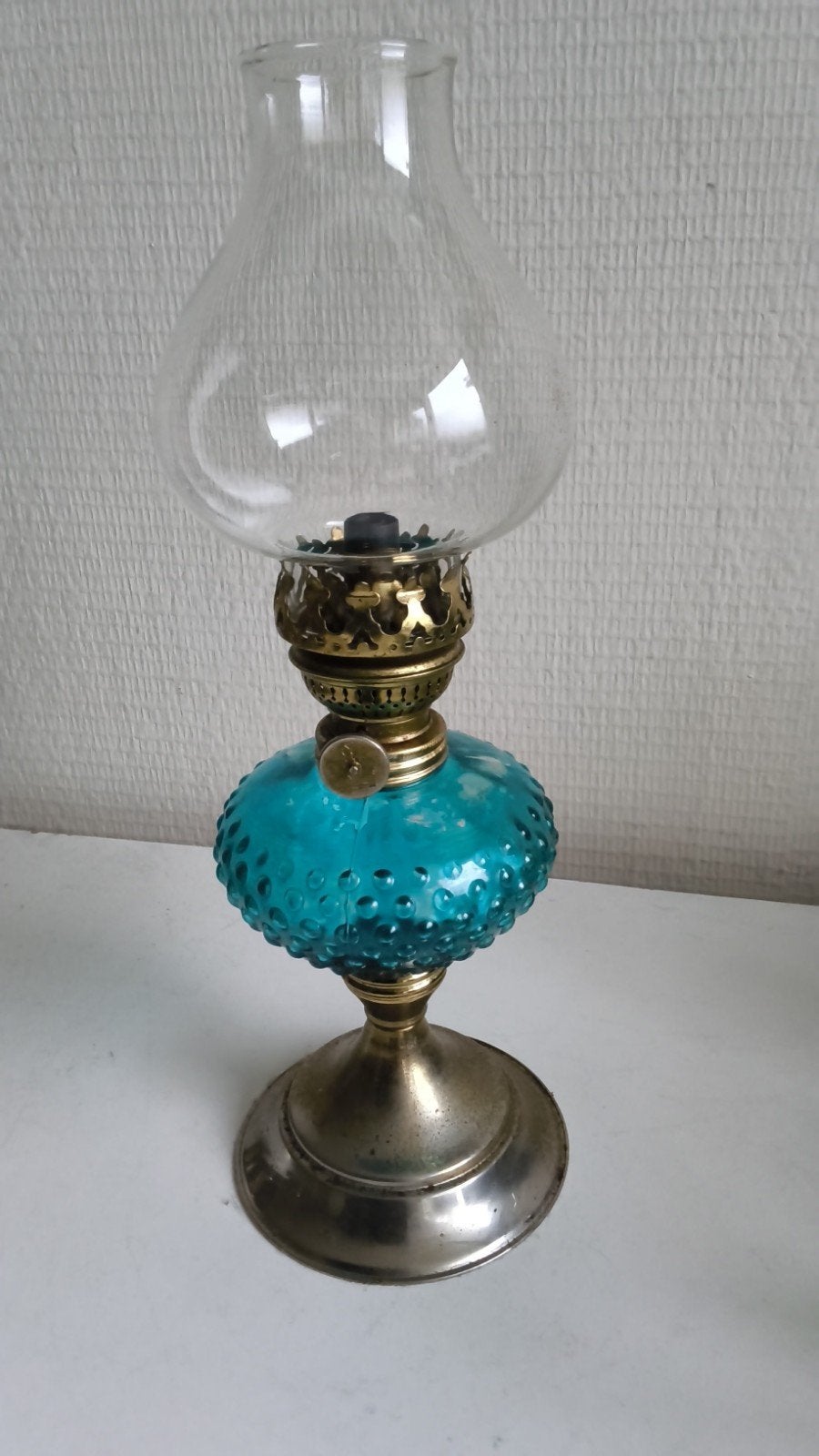 Antieke olielamp, metaal/ blauw glas, Antiek en Kunst, Ophalen of Verzenden