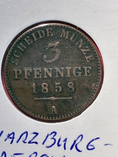 Schwarzburg-Sonderhausen 3 pfennige 1858 A, Verzenden, Duitsland, Losse munt