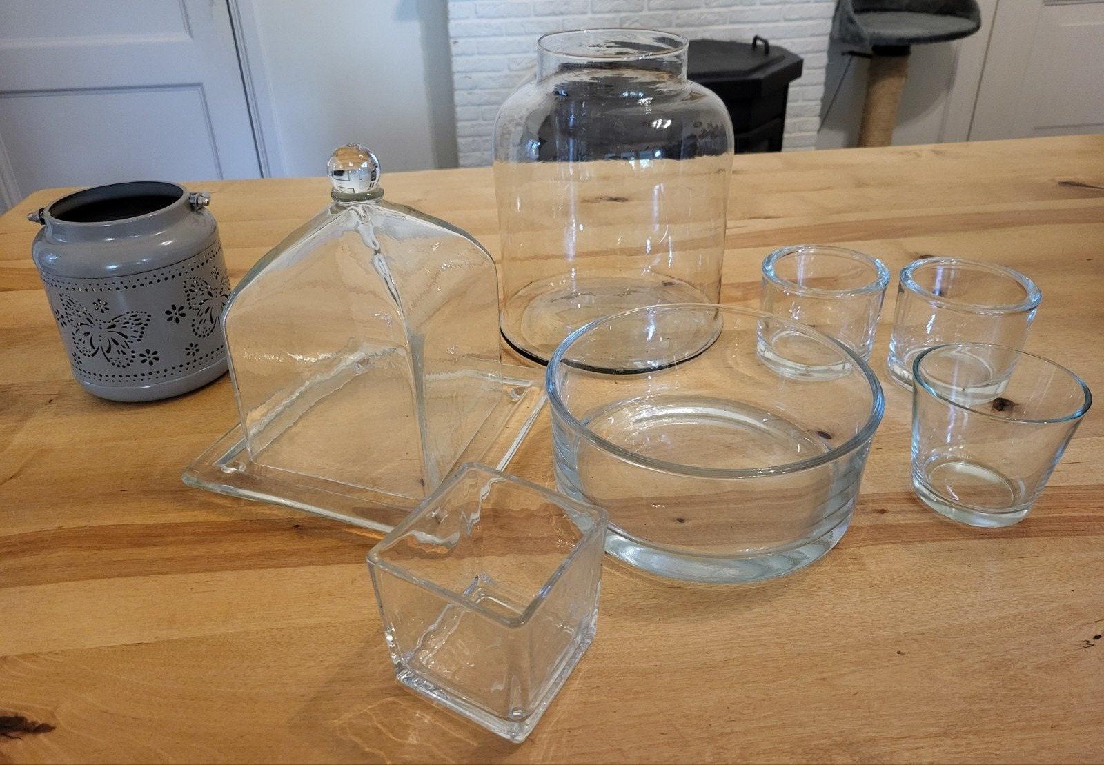 Mooie set glazen decoratie (Stolpen, Schalen, Windlichten), Ophalen of Verzenden, Zo goed als nieuw, Glas
