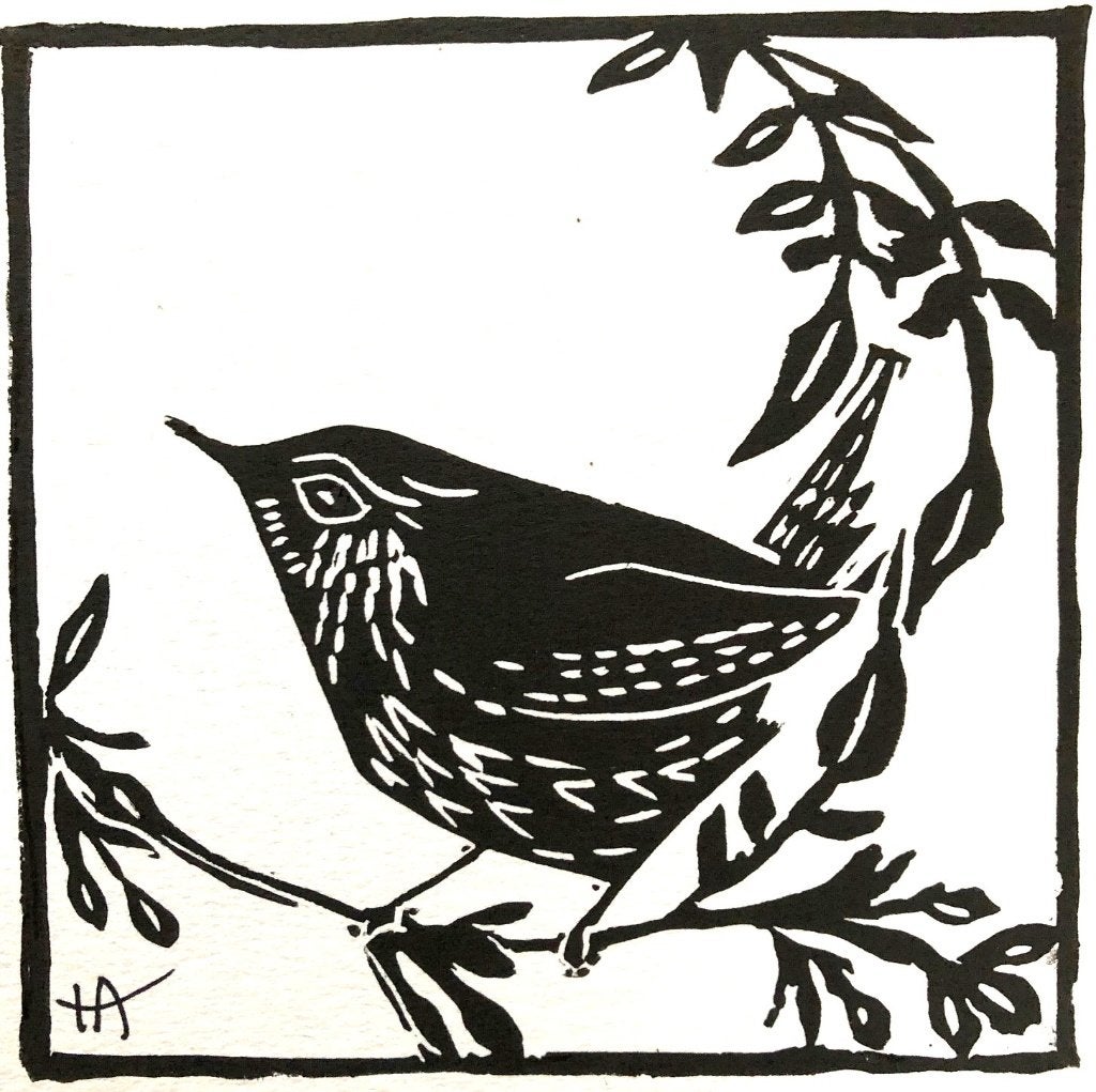Winterkoninkje Linodruk, Origineel, Ophalen of Verzenden, Dieren en Natuur, Linosnede