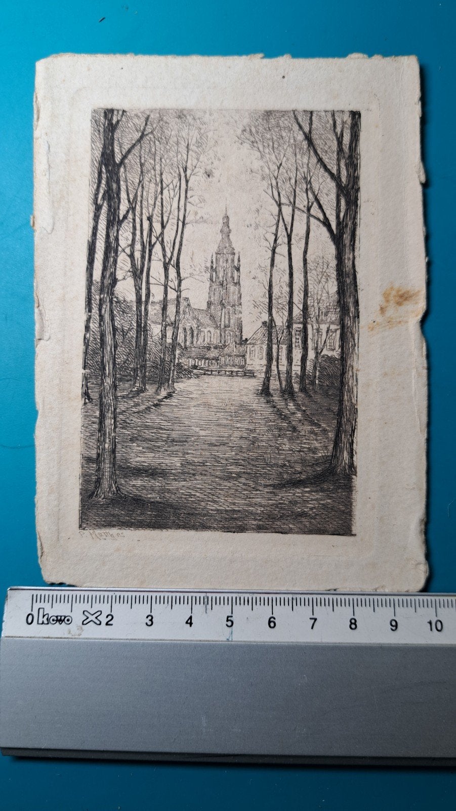 Oskar Paul Matthes , werk kerk Breda ? Litho,Ets, druk ??, Verzenden, 14 cm, 10 cm, 1800 - 1899