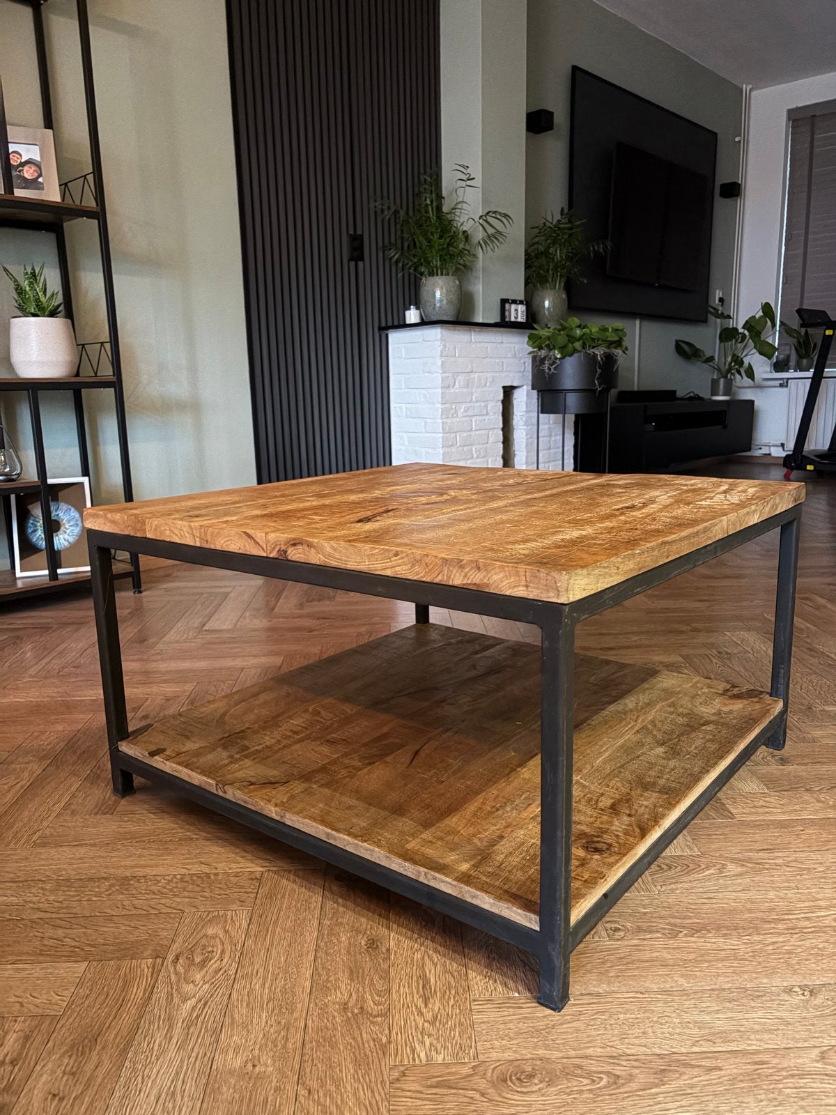 Salontafel van mangohout en metaal - 80x80cm, Ophalen, 100 tot 150 cm, Vierkant, 50 tot 100 cm