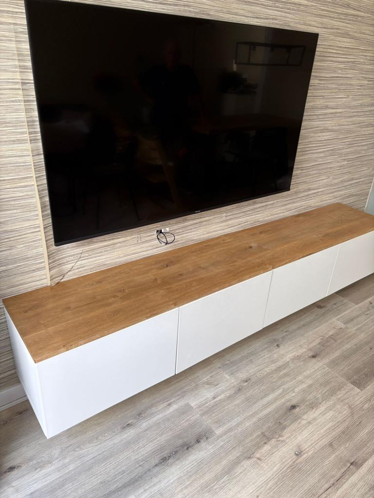Besta tv meubel wit met eikenhouten blad, Ophalen, Eikenhout, 200 cm of meer, Minder dan 100 cm