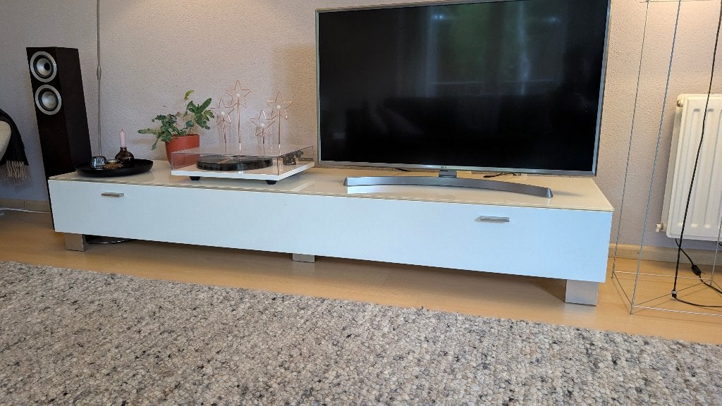 Hülsta tv-meubel / lowboard wit met glazen blad, 210 cm, Ophalen, Gebruikt, Overige houtsoorten, 200 cm of meer