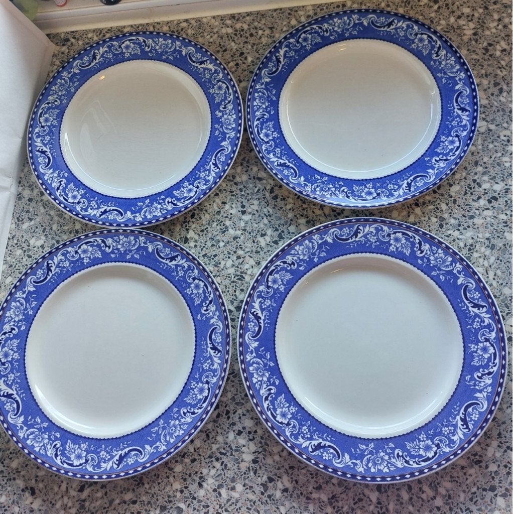 4 grote platte borden Blauw Alfred Meakin Blue Leighton 25cm, Gebruikt, Overige merken, Ophalen of Verzenden, Bord(en)