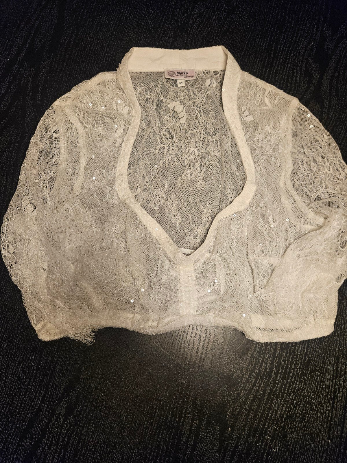 Mooie kanten dirndl blouse met pailletten, maat 44, Marjo, Wit, Maat 42/44 (L), Ophalen of Verzenden