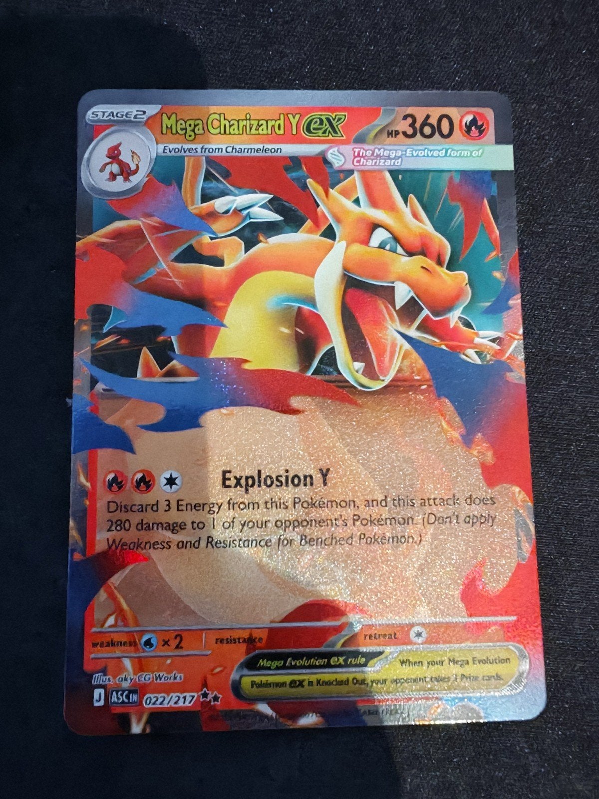 Mega Charizard Y ex (Asc 022), Ophalen of Verzenden, Zo goed als nieuw, Losse kaart, Foil