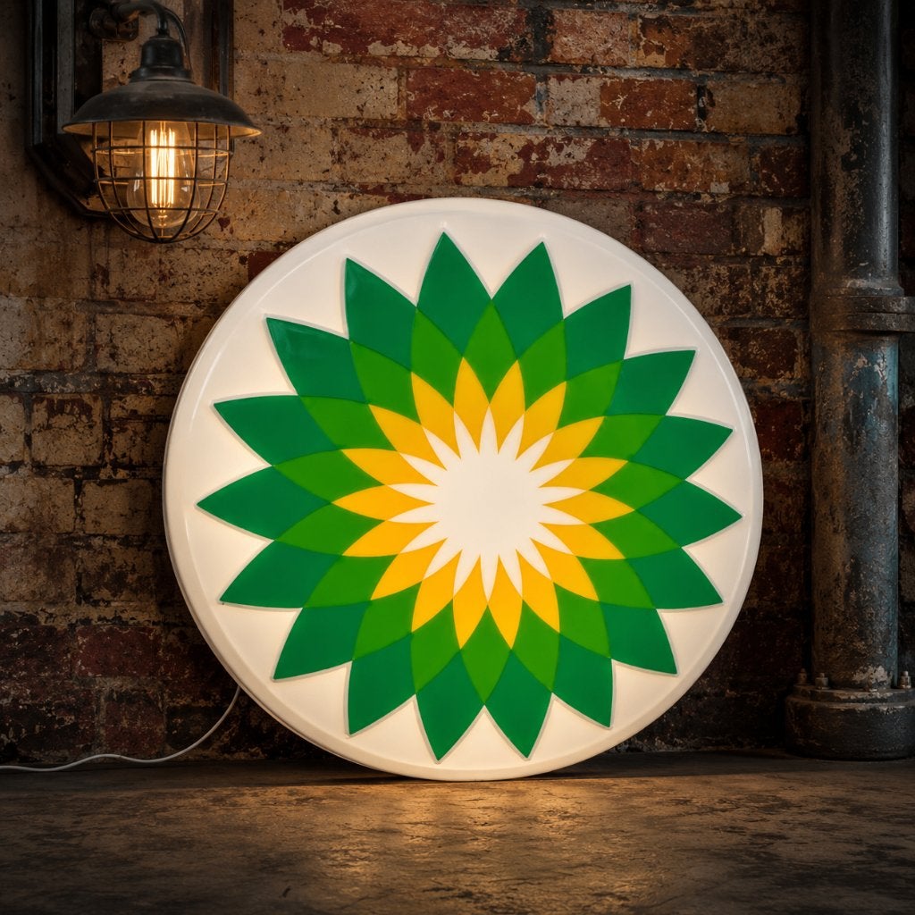 Vintage BP reclame verlichting logo benzine olie decoratie, Ophalen, Gebruikt, Lichtbak of (neon) lamp