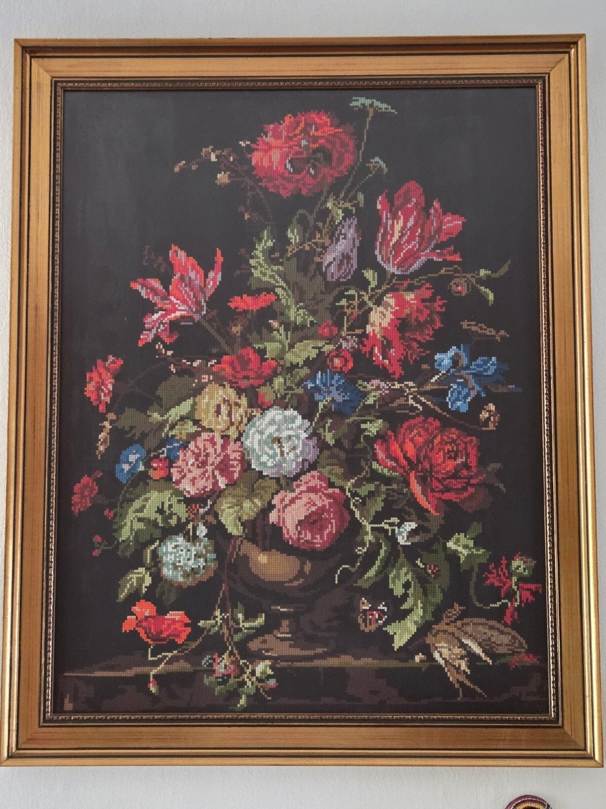 Prachtig Geborduurd Bloemenstilleven in Gouden Lijst, Antiek en Kunst, Ophalen of Verzenden