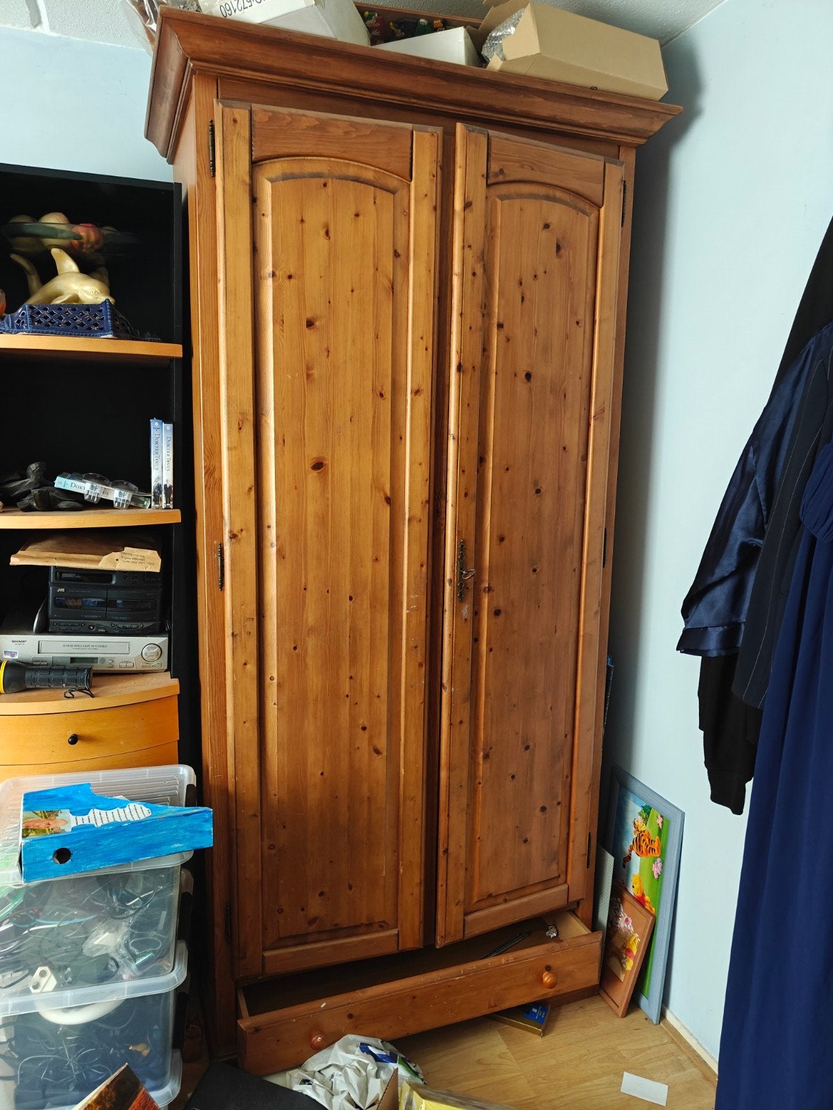 Massief grenen kledingkast met lades en planken, Huis en Inrichting, Kasten | Kledingkasten, Gebruikt, 200 cm of meer, 50 tot 100 cm