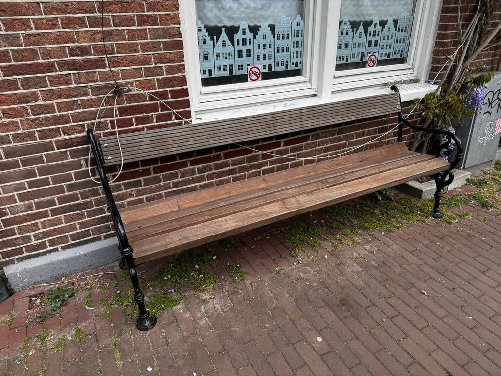 Houten bank met gietijzeren onderstel, Gebruikt, Minder dan 75 cm, 150 tot 200 cm, Tweepersoons