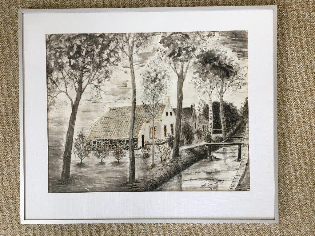 schilderij pentekening, Antiek en Kunst, Ophalen of Verzenden, Realistisch, Achter glas, Stads- / dorpsgezicht