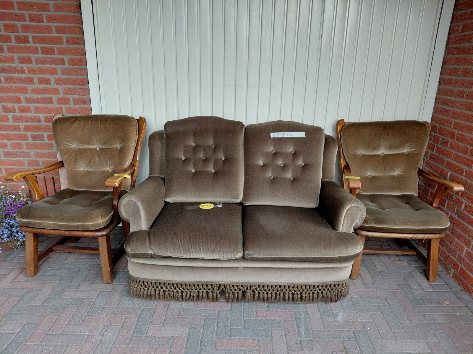 gratis vintage 2-zitsbank en 2 fauteuils, groen velours, Huis en Inrichting, Banken | Bankstellen, Ophalen, Gebruikt, 150 tot 200 cm