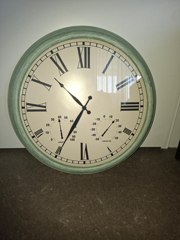 Grote Wandklok met Thermometer en Hygrometer, diameter 60cm, Ophalen of Verzenden, Gebruikt, Analoog, Wandklok
