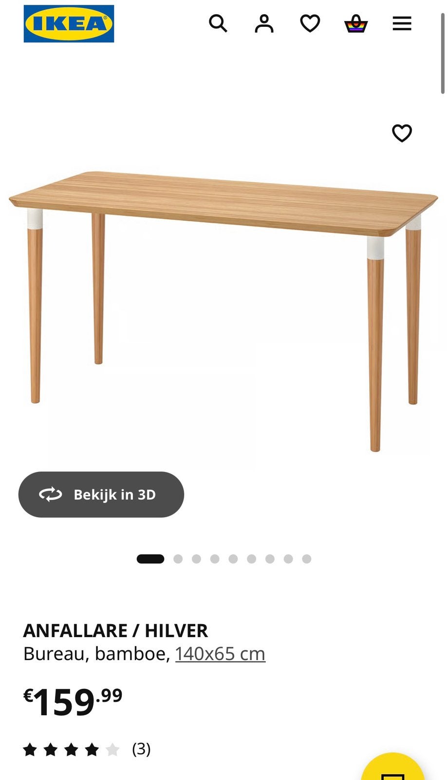 IKEA Anfallare bureau met Hilvar poten - 140x65 cm, Ophalen, Hout, Zo goed als nieuw, IKEA