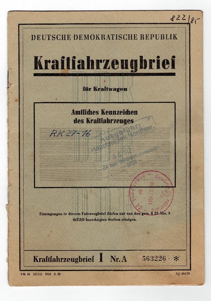 Originele DDR Kraftfahrzeugbrief (voertuigbrief) uit 1970, Verzamelen, Ophalen of Verzenden, Gebruikt, Auto's