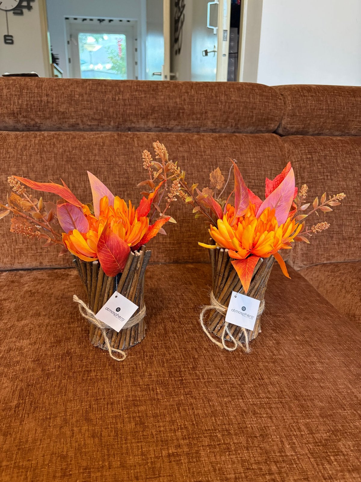 Set van 2 sfeervolle herfstvazen met kunstbloemen, Natuurlijk materiaal, Inclusief decoratie, Nieuw, Oranje