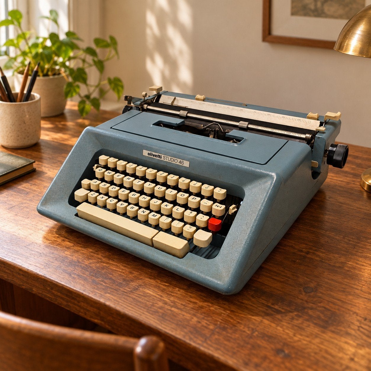 Vintage Olivetti Studio 46 typemachine – blauwgrijs, Diversen, Ophalen of Verzenden, Zo goed als nieuw