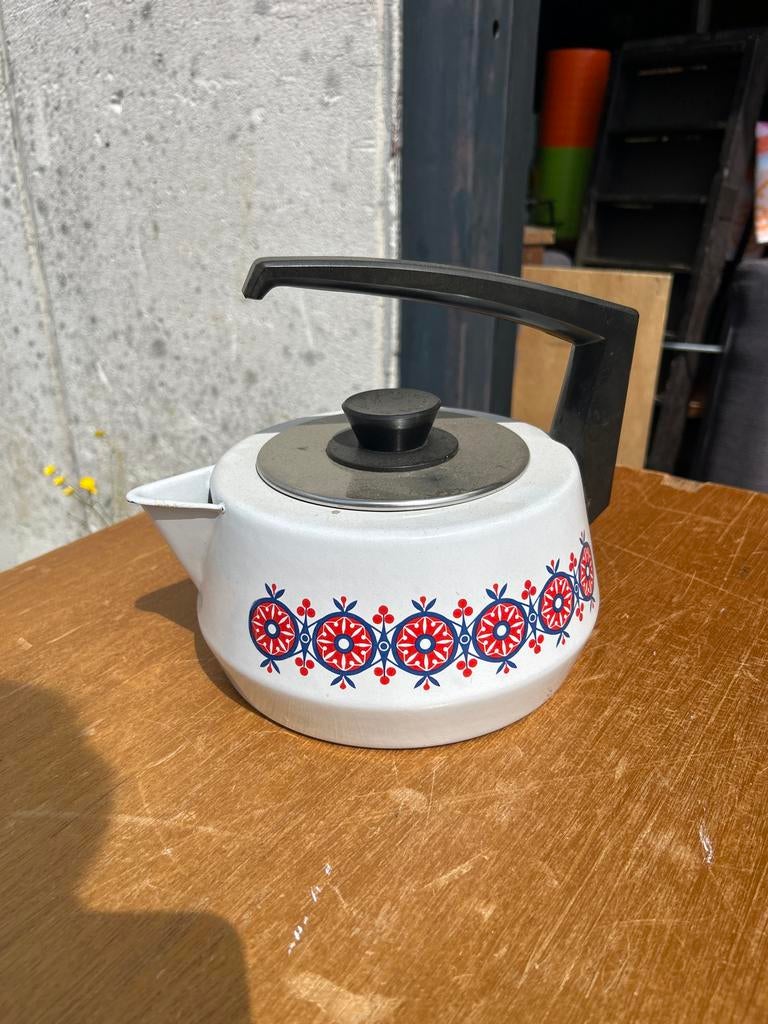 Vintage emaille fluitketel met bloemmotief, Ophalen of Verzenden