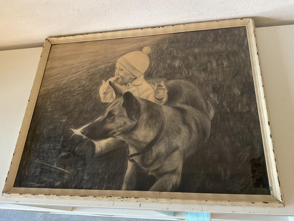 Tekening van Kind met herdershond van Jac Kreefts 1939, Antiek en Kunst, Kunst | Schilderijen | Klassiek, Ophalen