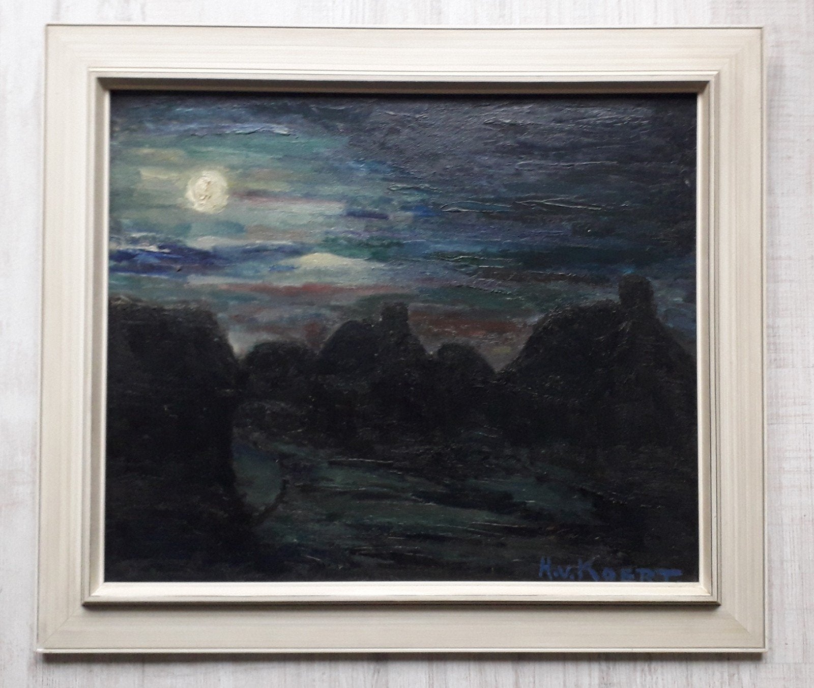 HUISJES BIJ NACHT MET HELDERE VOLLE MAAN🌛SFEERRIJK DORPJE, Expressionistisch, Olieverf, Stads- / dorpsgezicht, Ingelijst