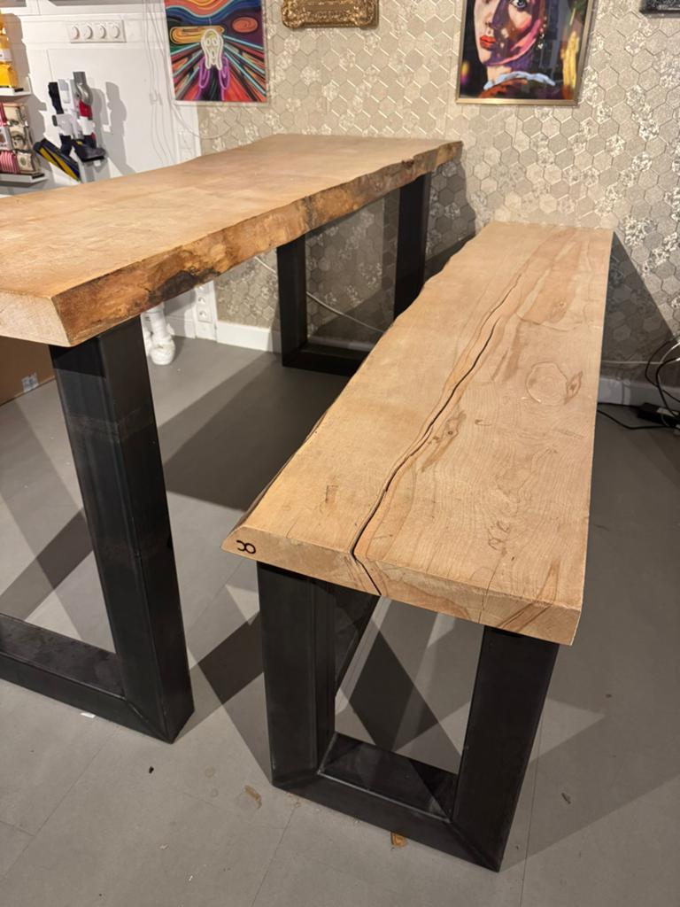 Massief Houten Bartafel en Zitbank met Metalen onderstel, Huis en Inrichting, Ophalen, Gebruikt