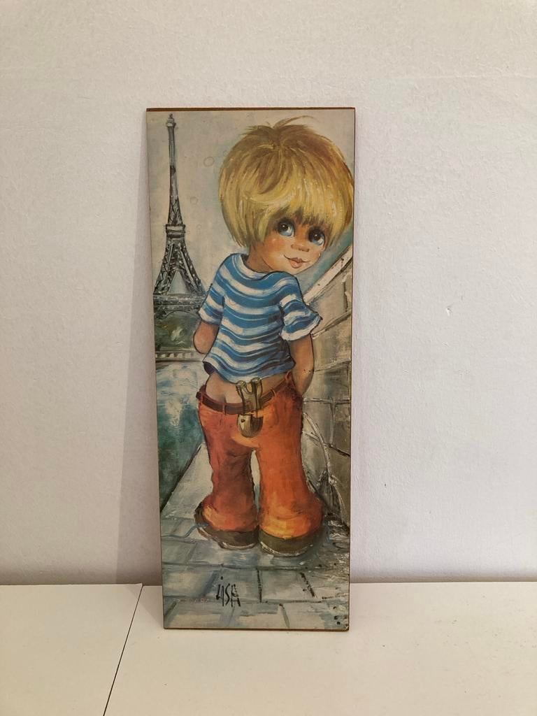 Schilderij jongen met Eiffeltoren, gesigneerd Lisa, Ophalen of Verzenden