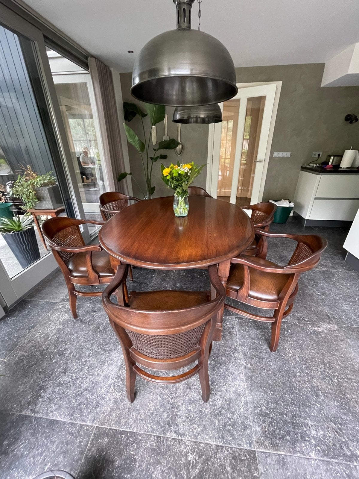 Eiken eethoek met ovale tafel en 6 stoelen, Ophalen, Gebruikt, 100 tot 150 cm, Eikenhout