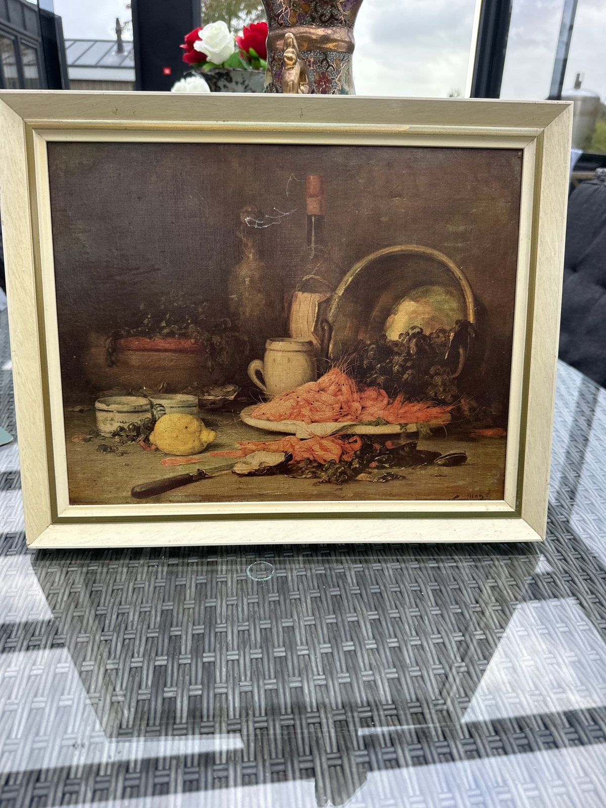 Klassiek stilleven met garnalen en citroen, Doek, Stilleven, Ophalen of Verzenden, Gesigneerd