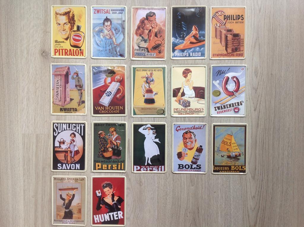 Vintage SERIE RECLAME BORDEN VAN TOEN (geen emaille), Ophalen of Verzenden, Zo goed als nieuw, Reclamebord