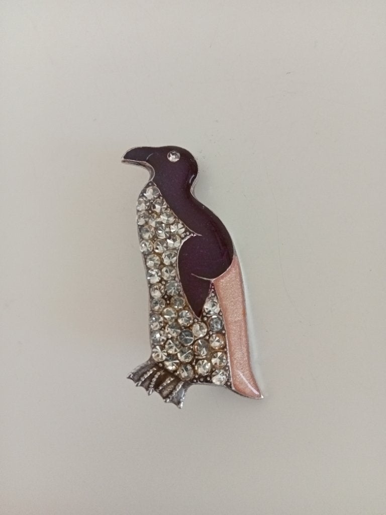 Vintage verzilverd strass emaille Art Deco Broche pinguïn, Overige materialen, 4 tot 7 cm, Gebruikt, Overige kleuren