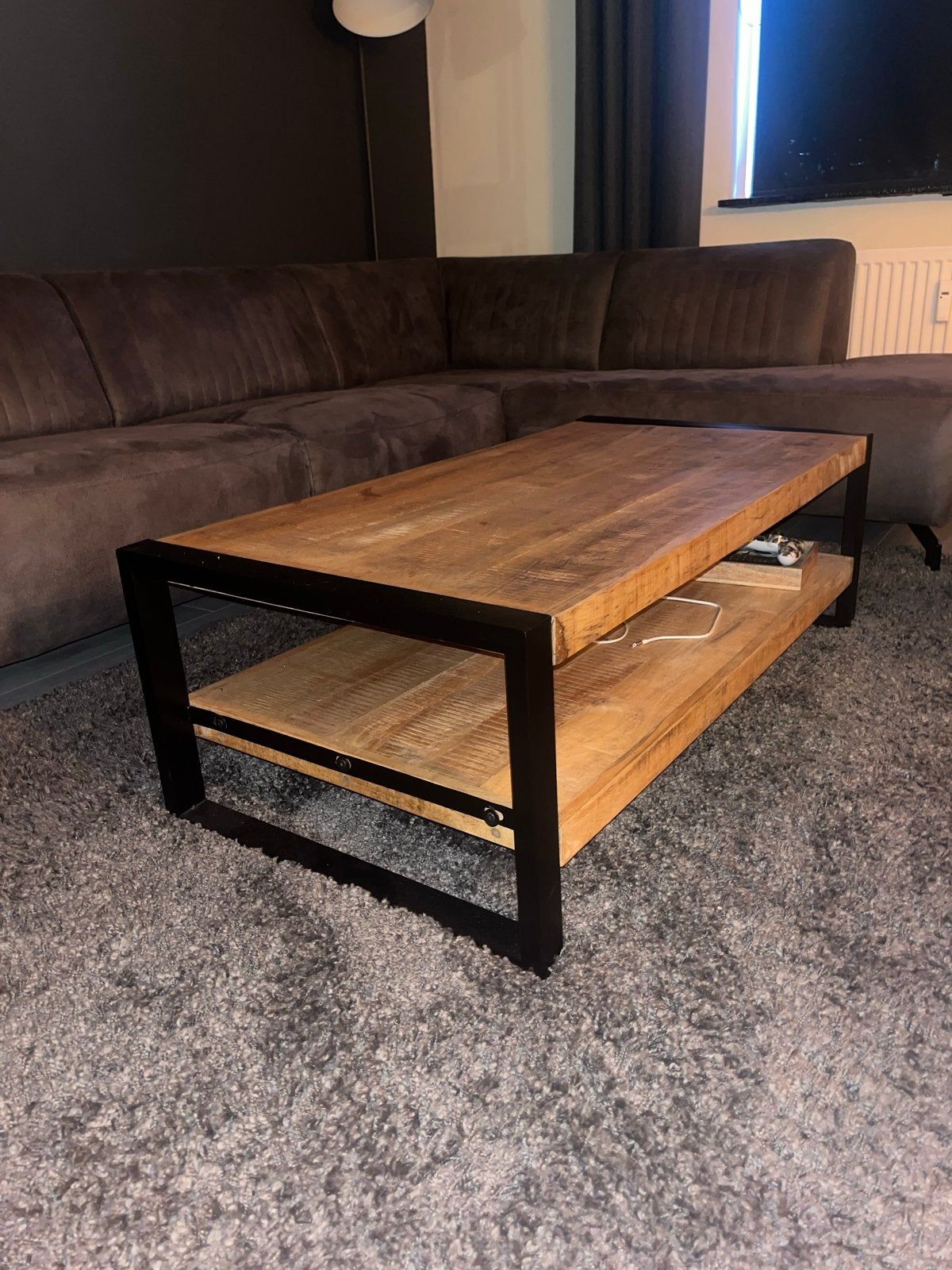 Salontafel van mangohout en metaal, Ophalen, Gebruikt, 100 tot 150 cm, 50 tot 100 cm