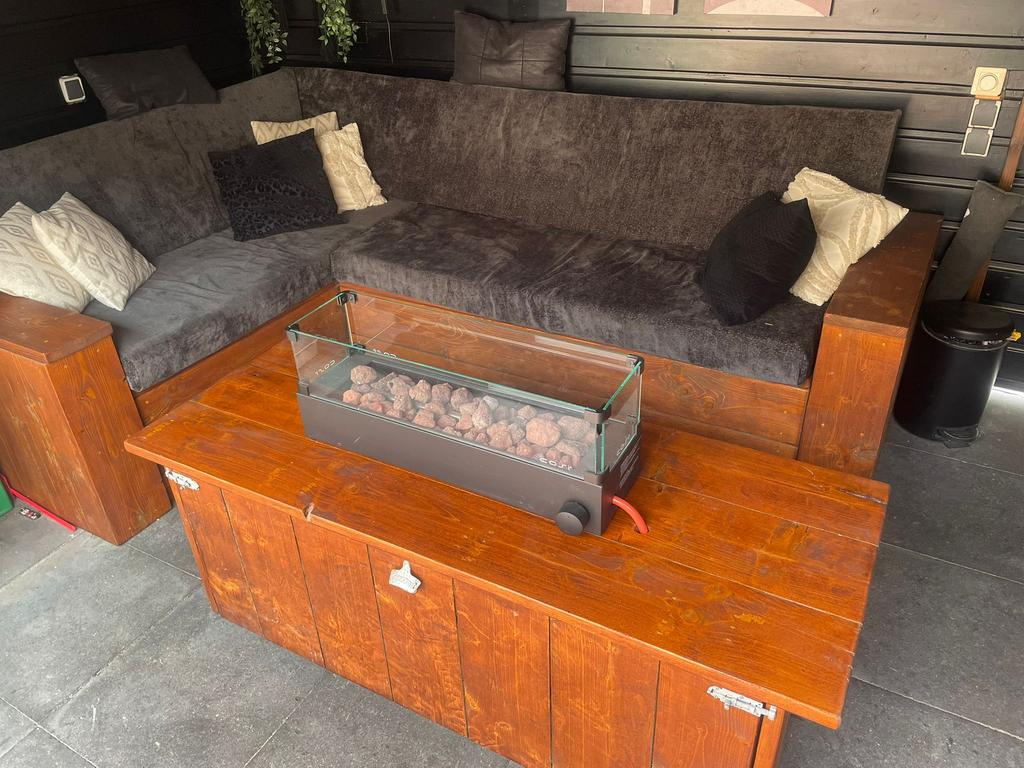 Steigerhouten hoekbank met vuurtafel, Ophalen, Gebruikt, Hout