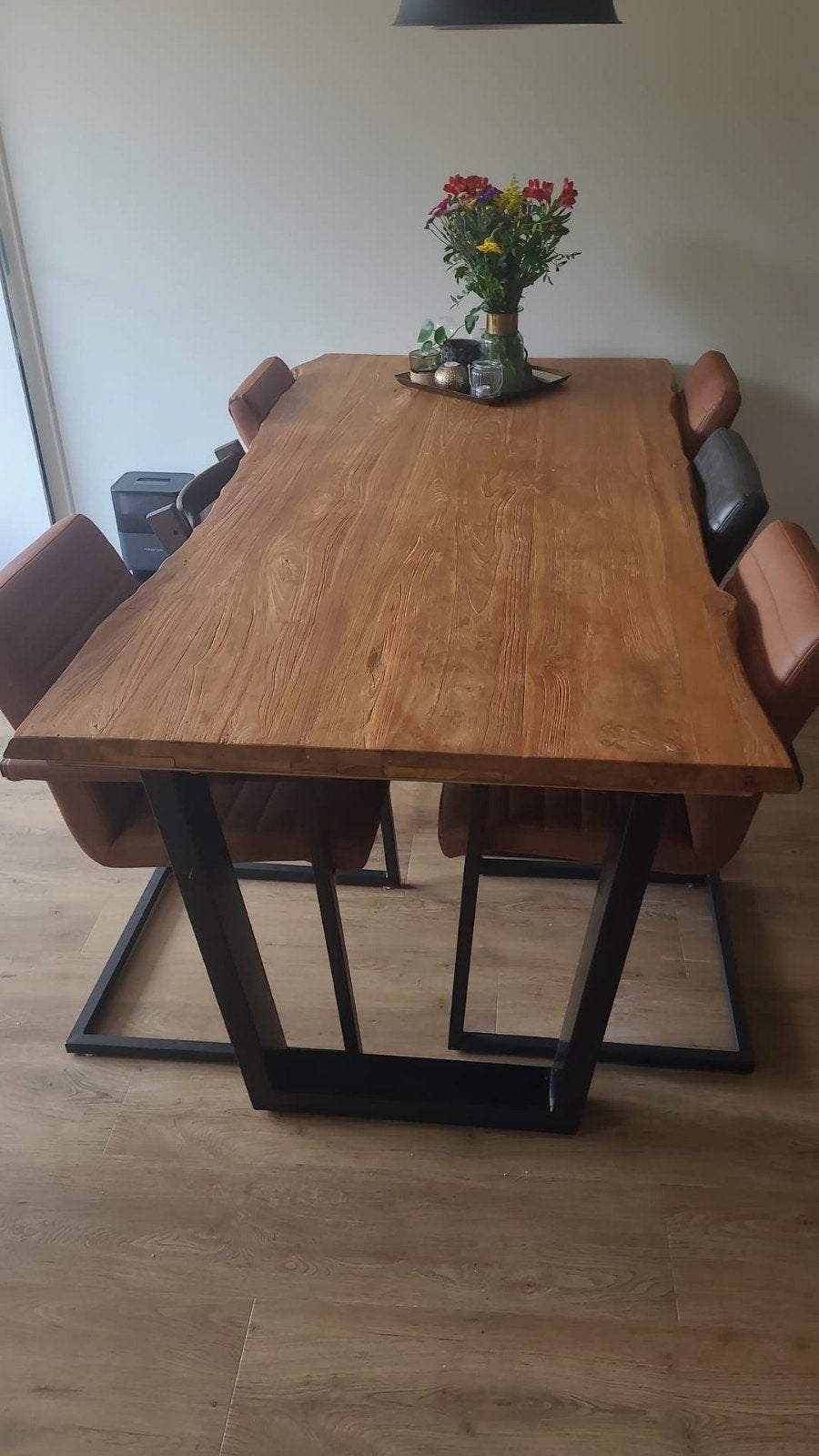 Teakhouten boomstamtafel 220 x 100 cm, Ophalen, Gebruikt, Teakhout, 200 cm of meer