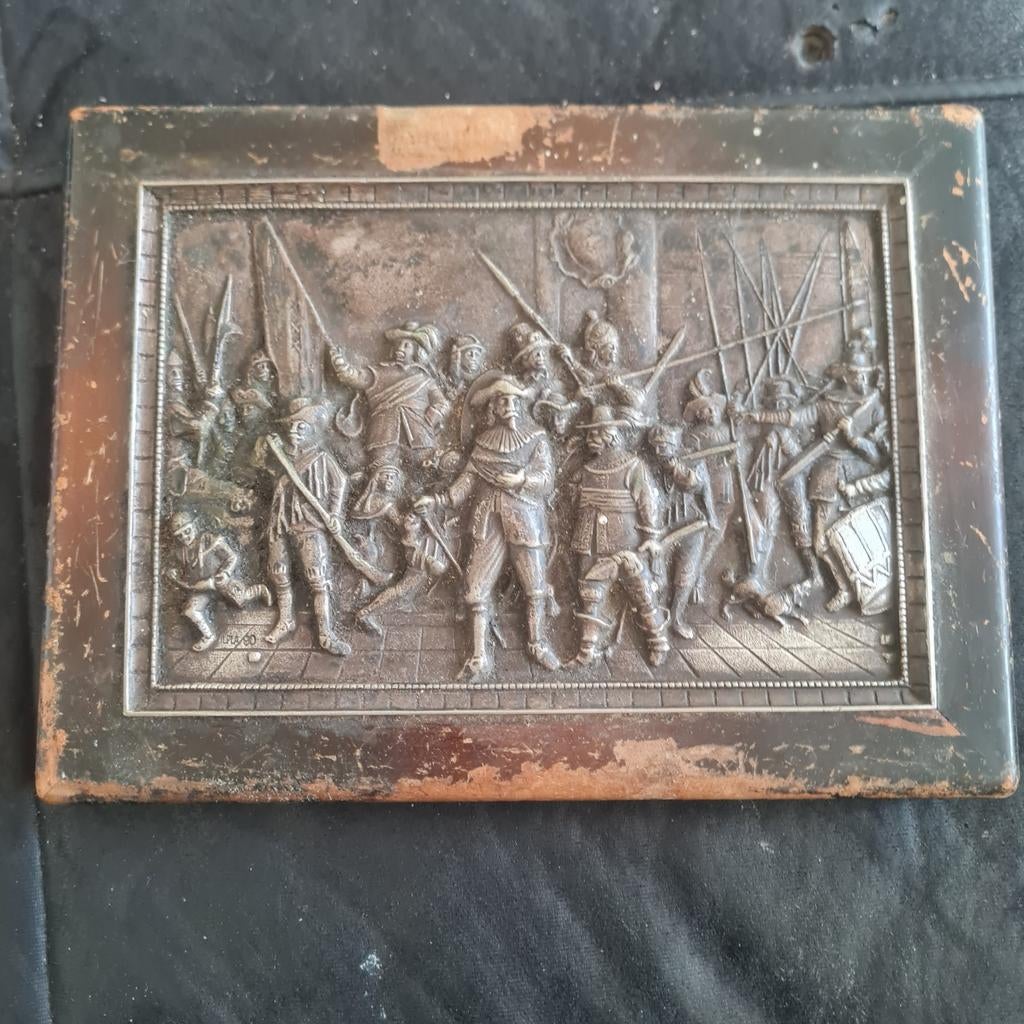 Zilveren Nachtwacht afbeelding in mahoniehouten lijstje, Antiek en Kunst, Ophalen of Verzenden, Zilver