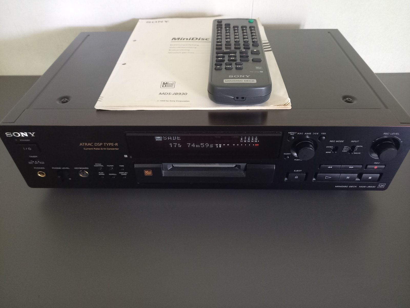 SONY MDS-JB 930QS QS-SERIES MINIDISC-PLAYER + MANUAL + A.B., Ophalen of Verzenden, Minidisc-recorder