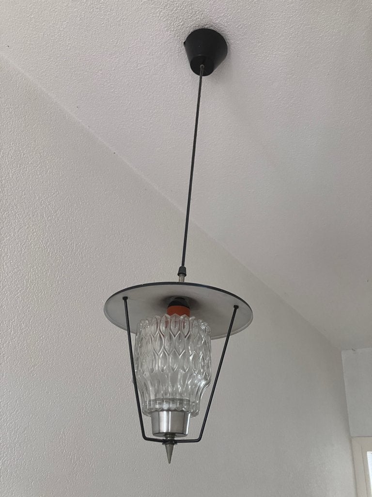 Vintage hanglamp jaren 60/70 met glas en metalen frame, Ophalen, Gebruikt, Glas, Jaren 60/Scandinavisch
