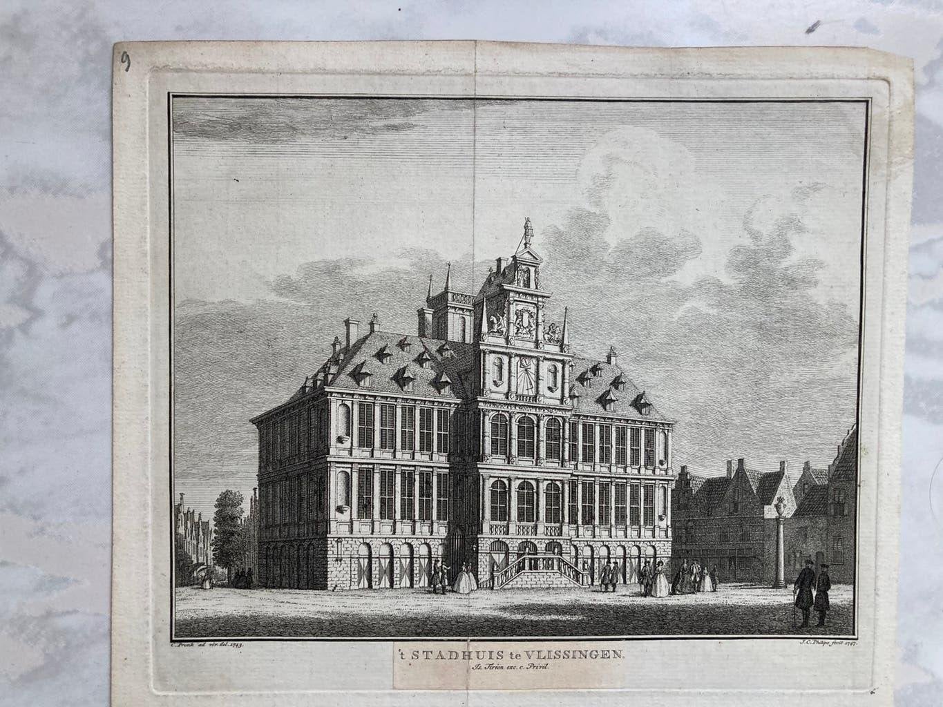 Oude Stadhuis Vlissingen, 1743 / Sluis 1588 / Wilnis 1747., Origineel, Stadsgezicht, 17 cm, Ophalen of Verzenden