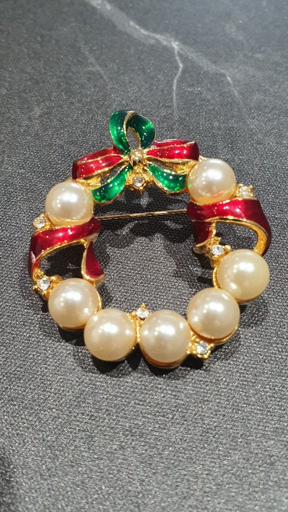 Vintage Kerstkrans Broche Parels & Strass, Ophalen of Verzenden, Zo goed als nieuw, Goud, Overige materialen