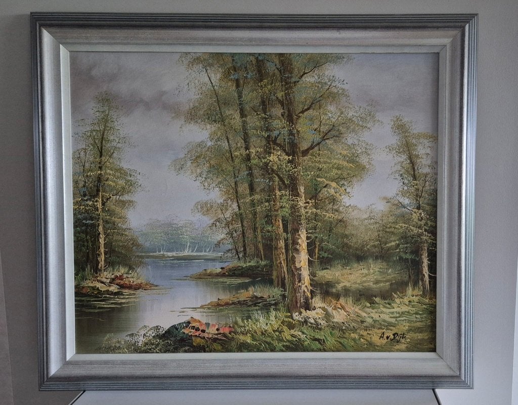 Schilderij - Landschap met Water en Bomen - 71,5 x 61 cm, Ophalen, Doek, Realistisch, Gesigneerd