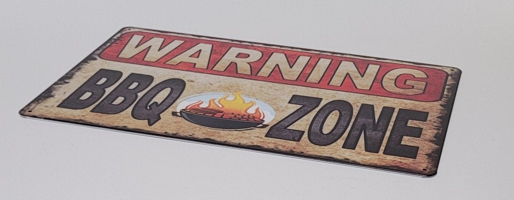 Warning BBQ Zone barbecue reclamebord van metaal wandbord, Info@deconoord.nl, Deco Noord, Nieuw, Ophalen of Verzenden