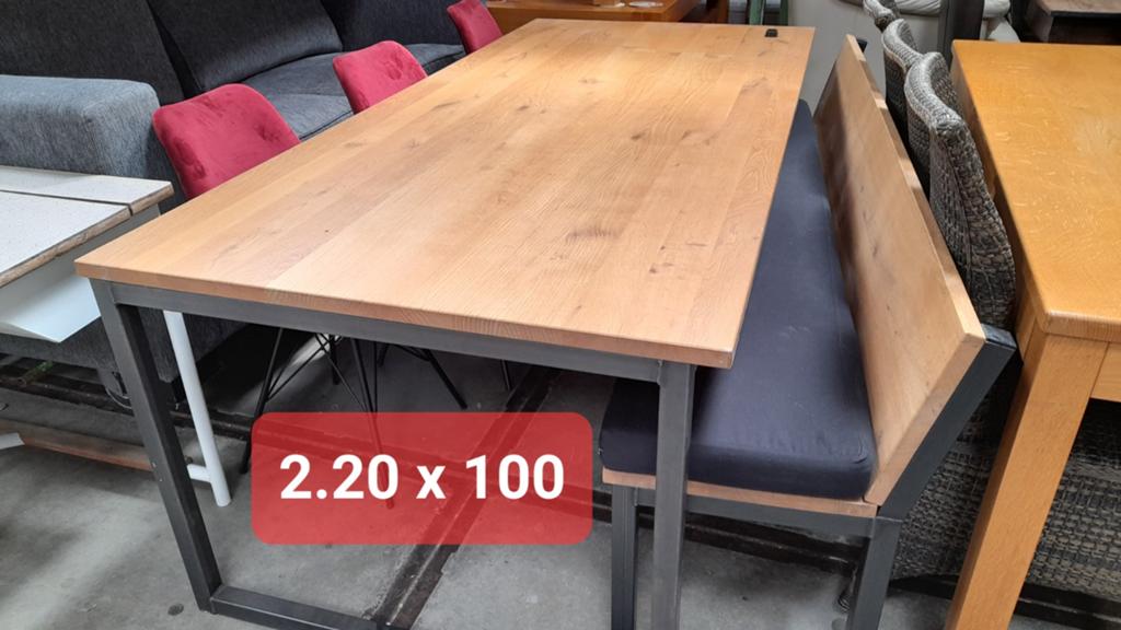 Moderne Eiken eettafel met bank en stoelen - 220x100 cm, Ophalen, 100 tot 150 cm, 200 cm of meer, Zo goed als nieuw