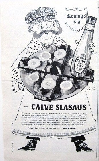 5 vintage advertenties reclames Calve slasaus 1957-59 Calvé, Verzamelen, Ophalen of Verzenden, Gebruikt, Overige typen