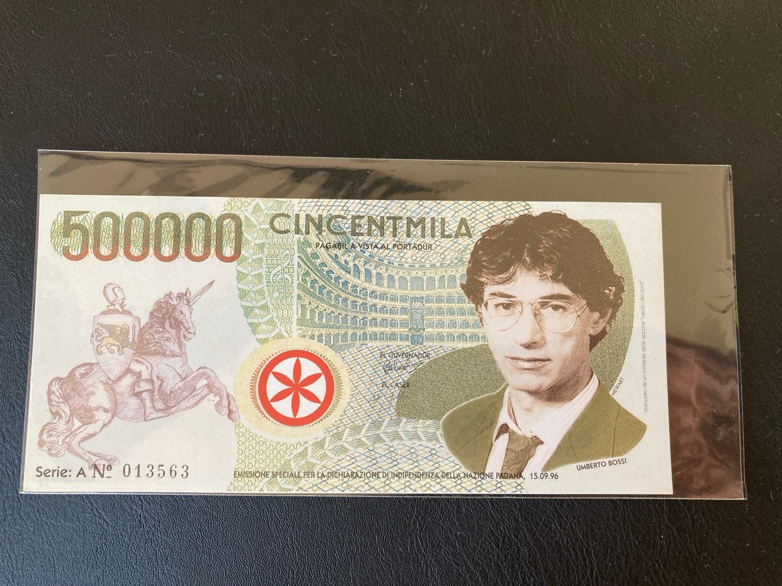 Politiek gagbankbiljet 500.000 lire Lega Nord Padanië 1996, Postzegels en Munten, Ophalen of Verzenden, Italië, Los biljet