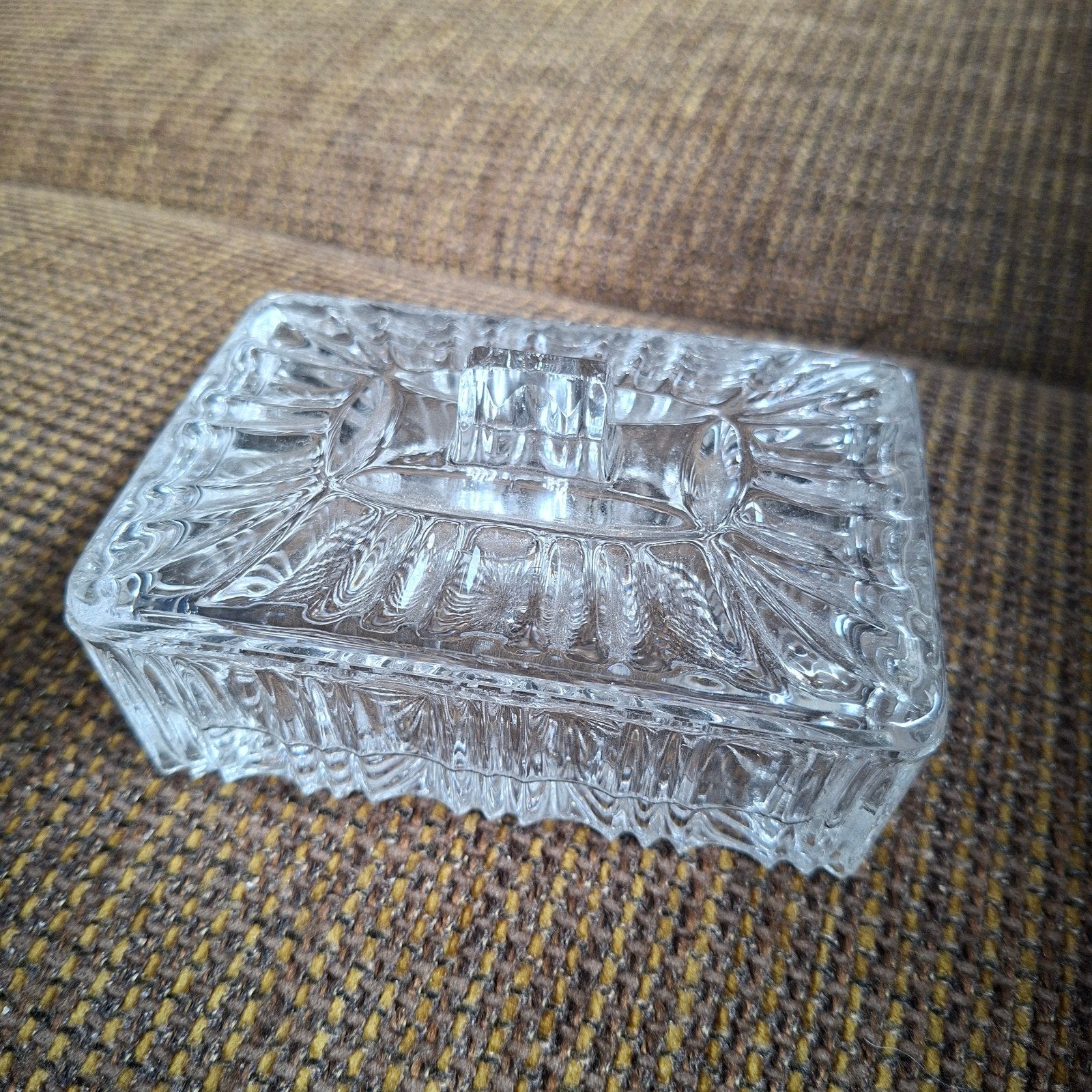Vintage Persglas Botervloot met Deksel - Sunburst Patroon, Ophalen of Verzenden