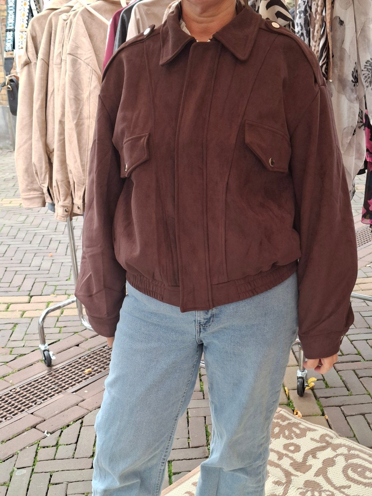 donker bruin vegan suede leren bomber jas maat M L oversized, Unika, Bruin, Maat 42/44 (L), Nieuw