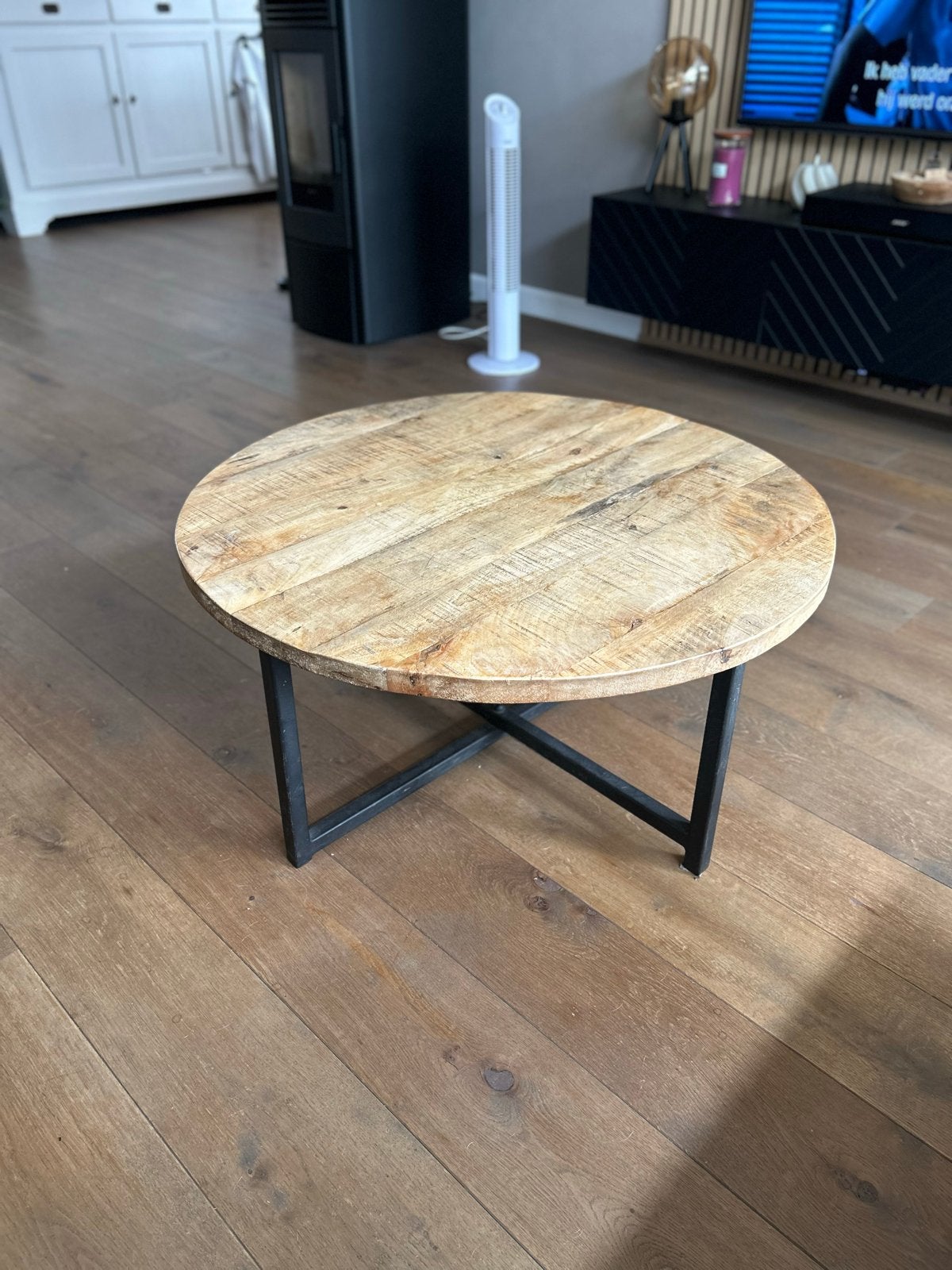 Label51 Salontafel Rond Mangohout Zwart Metaal, Huis en Inrichting, Ophalen, Gebruikt, Rond, 50 tot 100 cm