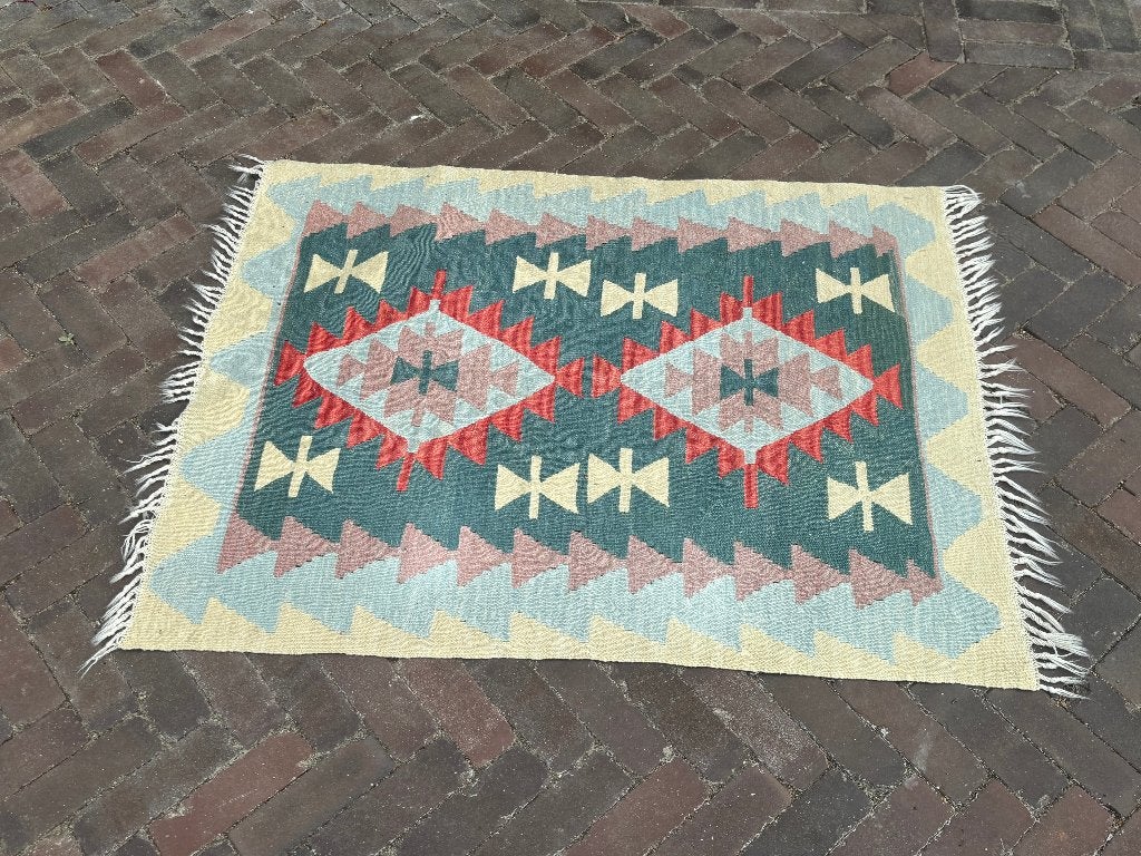 Vintage Vloerkleed Kelim Klein Kleed Tapijt 110x87, Gebruikt, 200 cm of meer, Ophalen of Verzenden, Rechthoekig
