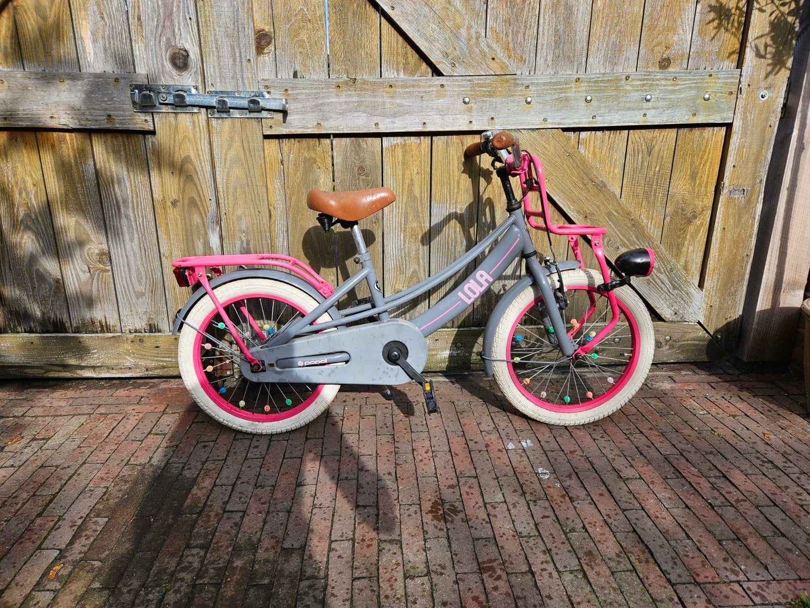 Popal Lola kinderfiets - Grijs/Roze, Ophalen, Terugtraprem, Zijwieltjes, Popal