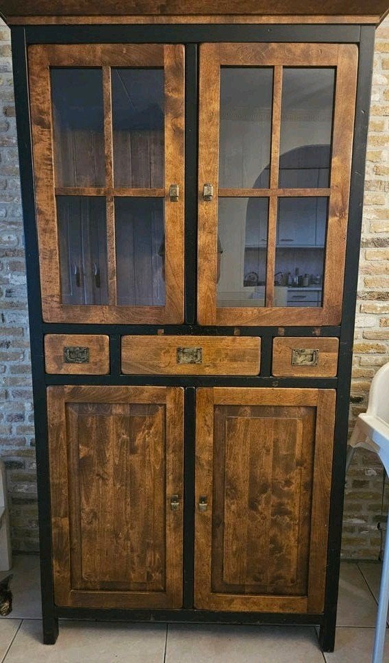 Vintage houten kast met glazen deuren en lades, Gebruikt, Met lade(s), Overige houtsoorten, 25 tot 50 cm